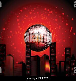 Abstract City Landscape with Red Disco Ball Over Red Background Stock Vector