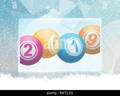 3D Illustration of Bingo Lottery Balls with 2019 in Numbers on a Ice Background with Snow Stock Vector
