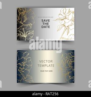 Vector Golden rose flowers on silver card. Wedding background card floral decorative border. Thank you, rsvp, invitation elegant card illustration gra Stock Vector