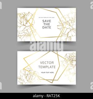 Vector Golden rose flowers on the card. Wedding background card golden crystal border. Thank you, rsvp, invitation elegant card illustration graphic s Stock Vector