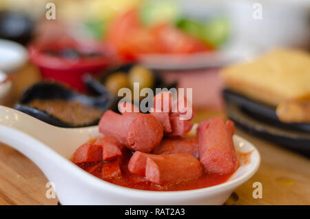 Turkish breakfast and sausage on the plate,close up, Stock Photo