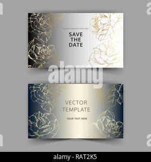 Vector Golden rose flowers on silver card. Wedding background card floral decorative border. Thank you, rsvp, invitation elegant card illustration gra Stock Vector