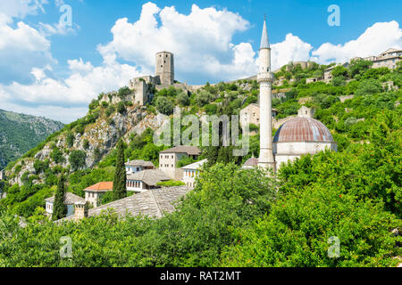 Medieval citadel ruins and 14th century Hajji Alija Mosque, Pocitelj, Bosnia and Herzegovina Stock Photo