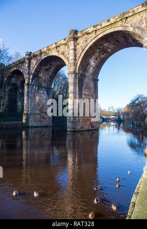 Knaresborough Railway Viaduct Bridge closeup, River Nidd, North Yorkshire, England, UK Stock Photo