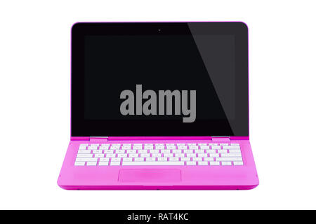 Open pink laptop with english keyboard, front view Stock Photo