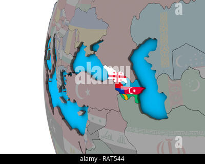 Caucasus region with national flags on blue political 3D globe. 3D illustration. Stock Photo
