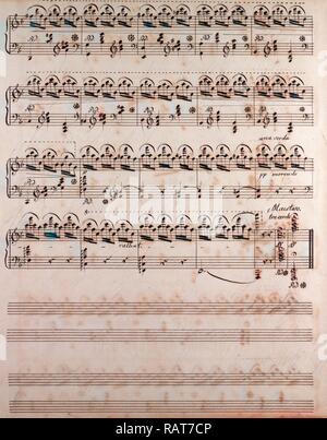 Handwritten sheet music, music notes, 19th century, una corda, morendo, maestoso, tre corde. Reimagined Stock Photo