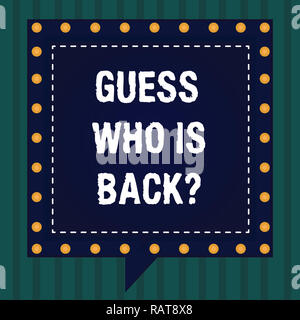 Handwriting text Guess Who Is Back. Concept meaning Game surprise