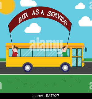 Handwriting text Data As A Service. Concept meaning Online files available for customers over the network Two Kids Inside School Bus Holding Out Banne Stock Photo
