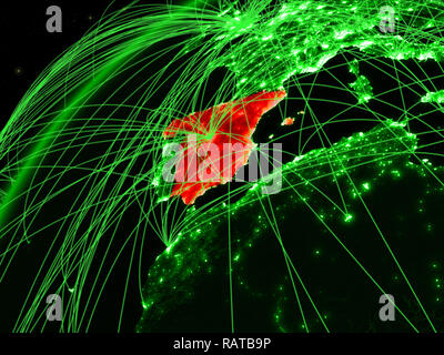 Spain on green model of planet Earth with network at night. Concept of ...