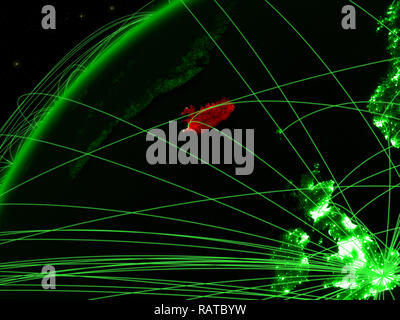 Iceland on green model of planet Earth with network at night. Concept ...