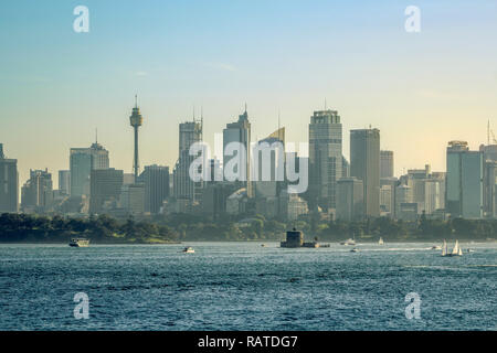 Skyline of Sydney as seen from a ferry on a sunny summer day (Sydney, New South Wales, Australia) Stock Photo