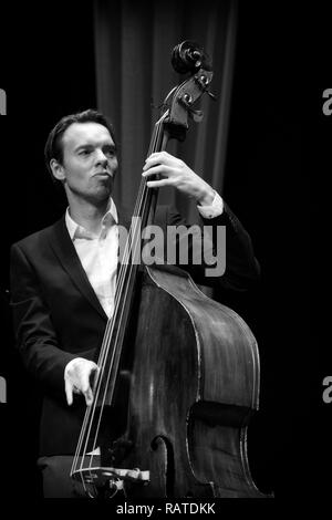 Morton Ankarfeldt soloing on double bass with Mads Mathias Quartet, Scarborough Jazz Festival 2017 Stock Photo