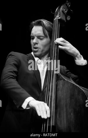 Morton Ankarfeldt soloing on double bass with Mads Mathias Quartet, Scarborough Jazz Festival 2017 Stock Photo