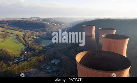 Aerial view of Ironbridge power station cooling towers 2018. aerial view cooling towers ironbridge buildwas tower Britain Uk England decommissioned Stock Photo