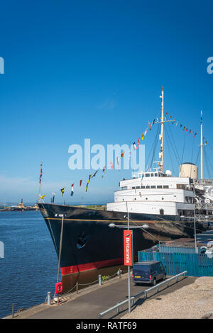 The Royal Yacht Britannia at the harbour and port of Edinburgh, Scotland, United Kingdom, Europe. Stock Photo