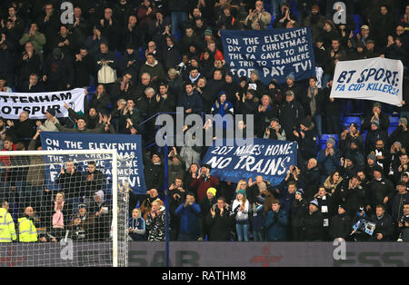 Tottenham Hotspur fans hold up banners during the Emirates FA Cup, third round match at Prenton Park, Birkenhead.