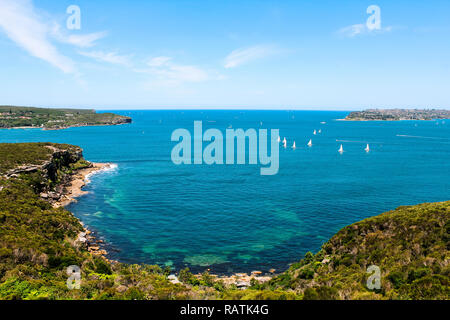 Manly Beach coastal walk with view on Watson Bay in Sydney with yacht sailing and azure clear water in summer (Sydney, Australia) Stock Photo