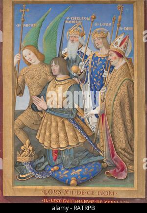 Louis XII of France Kneeling in Prayer, Accompanied by Saints Michael, Charlemagne, Louis, and Denis, Jean Bourdichon reimagined Stock Photo