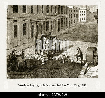 Workers Laying Cobblestones in New York City Victorian Engraving, 1881 Stock Photo