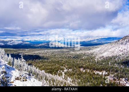 Aerial view of Lake Tahoe area on a stormy day, Sierra mountains, California Stock Photo