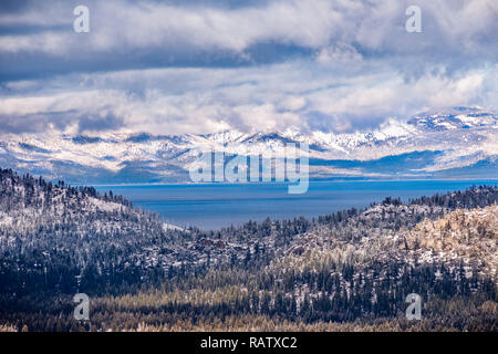 Aerial view of Lake Tahoe on a stormy day, Sierra mountains, California Stock Photo