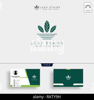 Leafs Logo Concept. Creative eco logo with green leafs and stairs and business card template - Vector Stock Vector
