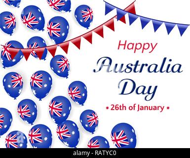 Happy Australia day 26 january, helium balloons with australia flag, confetti and ribbon. Festive vector illustration on white background. greeting ca Stock Vector