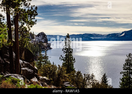 Lake Tahoe shoreline on a beautiful winter day, Sierra Nevada mountains Stock Photo