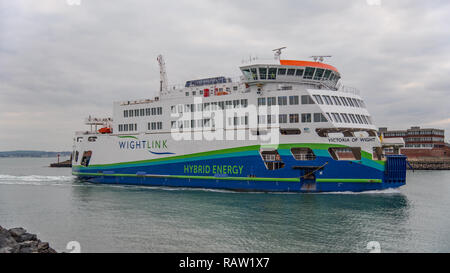 Wightlink car ferry MV Victoria of Wight in Portsmouth Harbour, UK on 3/1/19 preparing to disembark vehicles and passengers at the terminal. Stock Photo