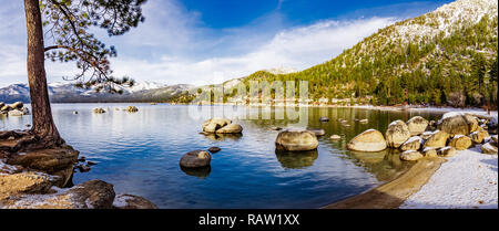 Sunny winter day on the shoreline of Lake Tahoe, Sand Harbor State Park, Sierra mountains, Nevada Stock Photo