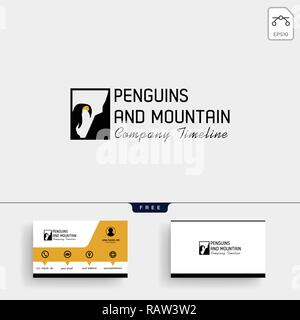 Penguin and Mountain logo template vector illustration and business card design Stock Vector