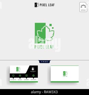 Pixel leaf logo template vector illustration and business card design Stock Vector