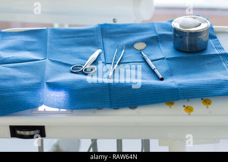 Dentist tool tray, tools and drills. Stock Photo