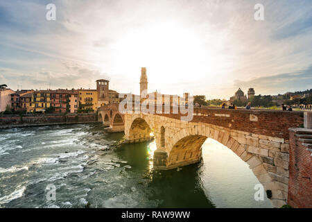 Sunset view of Ponte Pietra bridge in Verona, Italy Stock Photo - Alamy