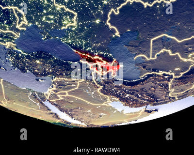 Satellite view of Caucasus region from space at night. Beautifully detailed plastic planet surface with visible city lights. 3D illustration. Elements Stock Photo