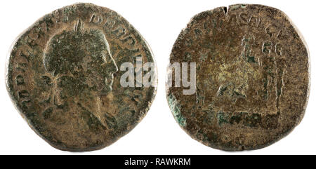 Ancient Roman bronze sertertius coin of Emperor Severus Alexander. Stock Photo