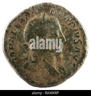 Ancient Roman bronze sertertius coin of Emperor Severus Alexander. Obverse. Stock Photo