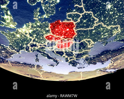 Satellite view of Visegrad Group from space at night. Beautifully detailed plastic planet surface with visible city lights. 3D illustration. Elements  Stock Photo