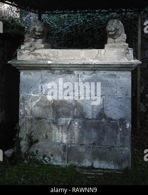 Italy. Pompeii. Necropolis of Nocera Gate. Located on the sides of a road that runs parallel with the city walls. There are several burial monuments. 1st century BC-1st century AD. Tomb, sarcophagus type. Sculpted in stone and decorated with two lions on the top. Campania. Stock Photo