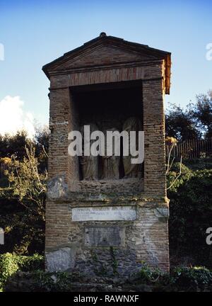 Italy. Pompeii. Necropolis of Nocera Gate. Is set on the sides of a road that runs parallel with the city walls. There are several burial monuments. 1st century BC-1st century AD. The tomb of Freedman status Publius Vesonius Phileros for himself, his patroness Vesonia, and his friend Marcus Orfellius Faustus. A later added inscription shows a falling out between the two friends. 25-50 AD. Campania. Stock Photo