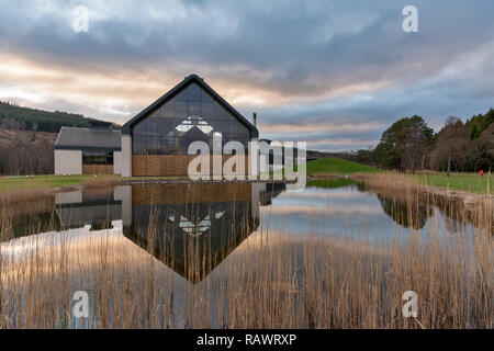 Dalmunach Distilllery in the village of Carron, Speyside, Scotland at sunset. Stock Photo