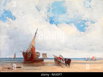 Beached Vessels and a Wagon, near Trouville, France A Coast Scene in Northern France with a Horse and Waggon, c. 1824 reimagined Stock Photo