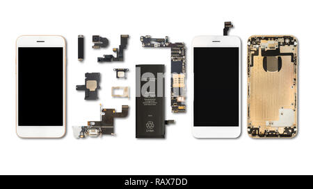 Flat Lay (Top view) of smartphone components isolate on white background with clipping path Stock Photo