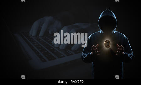 Golden Bitcoin floating above of hacker's hand in dark on hacker hacking with computer laptop background with copy space. Finance, business, e-commerc Stock Photo