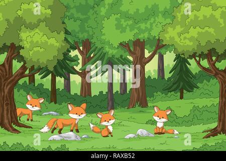 Cute foxes in the forest, hand draw illustration Stock Vector