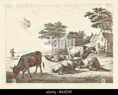 Cows and sheep lying in meadow before a farm, John of Cuylenburgh, 1820. Reimagined by Gibon. Classic art with a reimagined Stock Photo