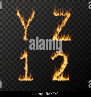 Bright realistic fire flames in Y Z 1 2 letters shape, hot font concept on transparent Stock Vector