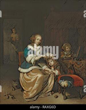 Interior with a Mother Combing her Child’s Hair, Known as ‘Maternal Care’, Caspar Netscher, 1669. Reimagined Stock Photo
