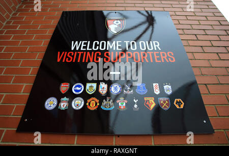 Sign welcoming the visiting supporters outside the ground before the Emirates FA Cup, third round match at the Vitality Stadium, Bournemouth. Stock Photo